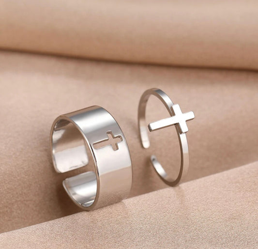 Bague croix chrétienne ajustable or & argent