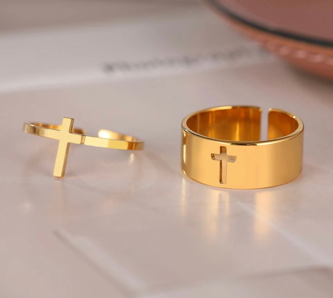 Bague croix chrétienne ajustable or & argent